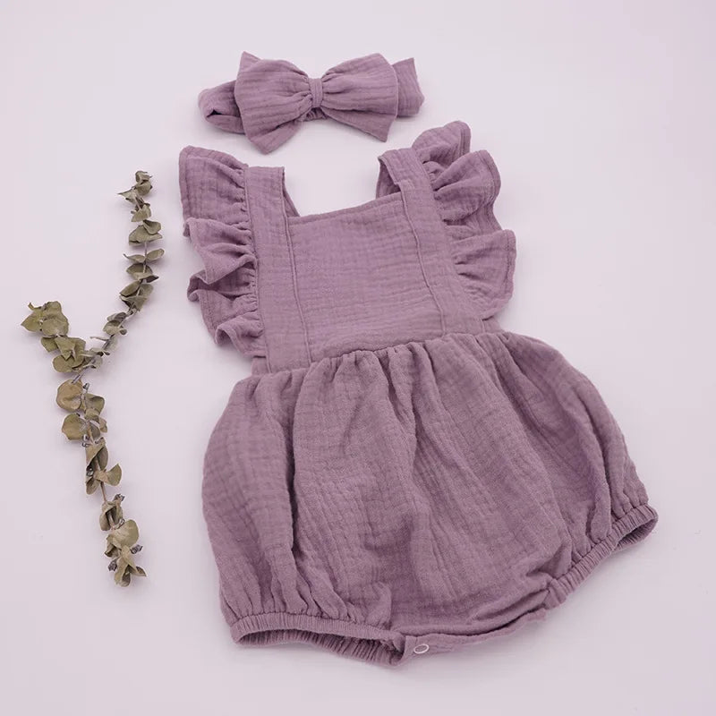 Personalized Summer Newborn Infant Baby Girls Romper + Headband Muslin Sleeveless Rompers Kids Onepiece Fashion Baby Clothing