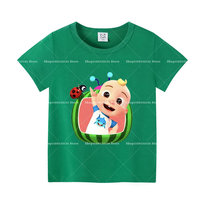 T-shirts Cocomelon pour bébés, manches courtes, en coton, imprimés de dessins animés, pour garçons et filles. Vêtements d'été. Nouveauté.