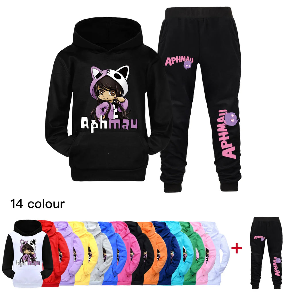 Aaron APHMAU Cat Clothes Set Kids Hooded Sweatshirts Jogging Pants 2pcs Suit Baby Boys Clothing Sets Toddler Girls Outfits