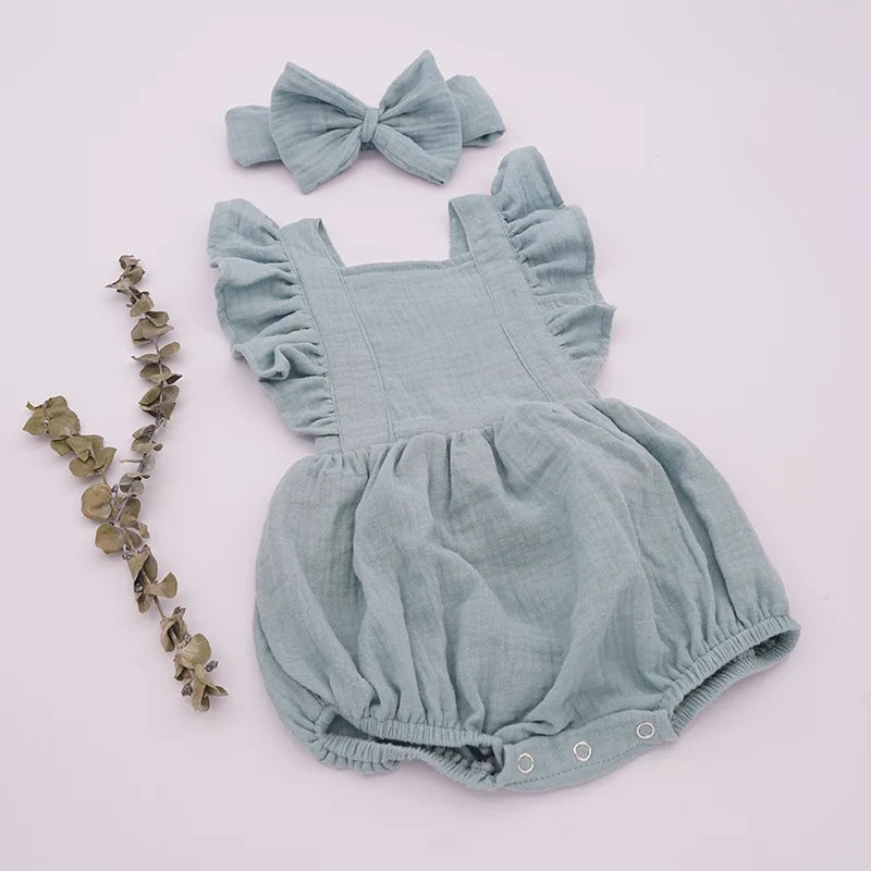 Personalized Summer Newborn Infant Baby Girls Romper + Headband Muslin Sleeveless Rompers Kids Onepiece Fashion Baby Clothing