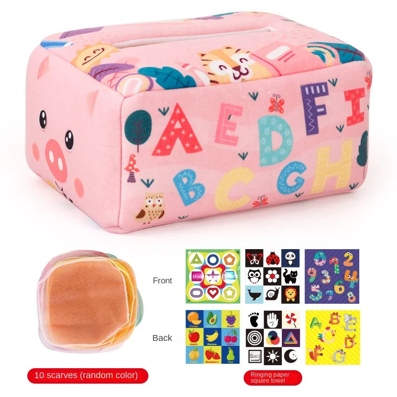 Jouet Montessori pour bébé, boîte à mouchoirs magique, jeu d'éveil sensoriel et éducatif pour enfants, jeu d'activités pour la motricité fine et le développement des doigts.