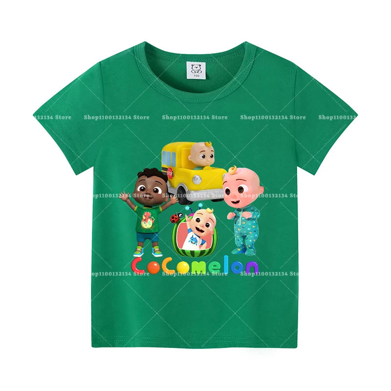 T-shirts Cocomelon pour bébés, manches courtes, en coton, imprimés de dessins animés, pour garçons et filles. Vêtements d'été. Nouveauté.