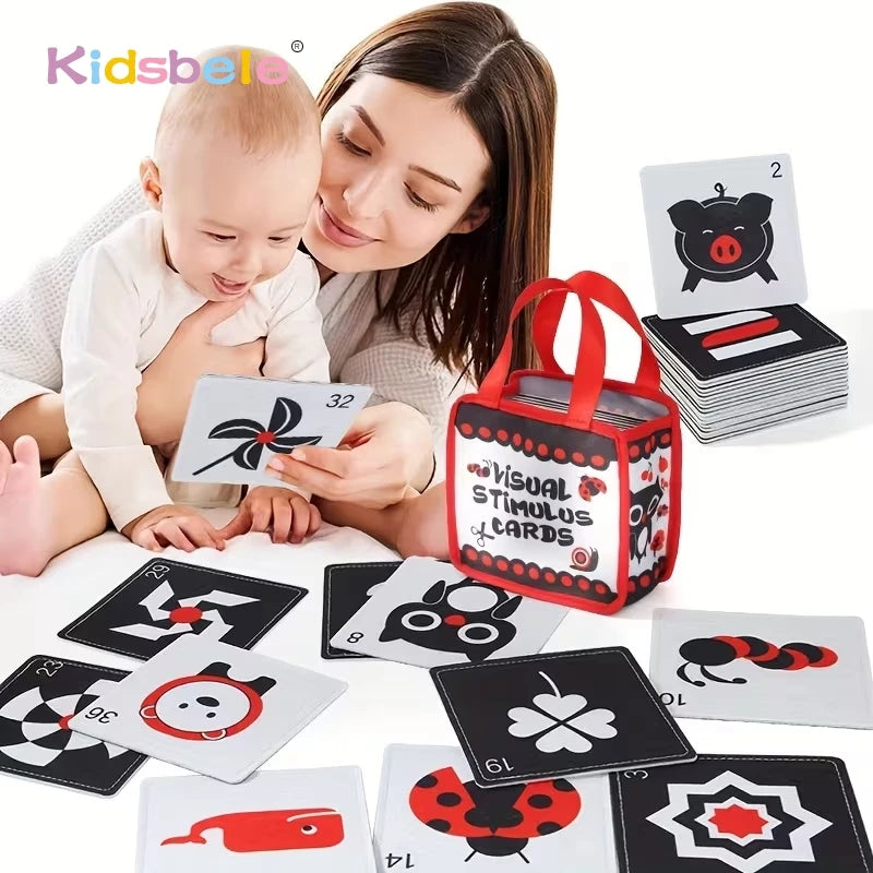 Carte Montessori en tissu doux à contraste élevé, jouet de stimulation visuelle noir et blanc pour l'apprentissage des nouveau-nés.