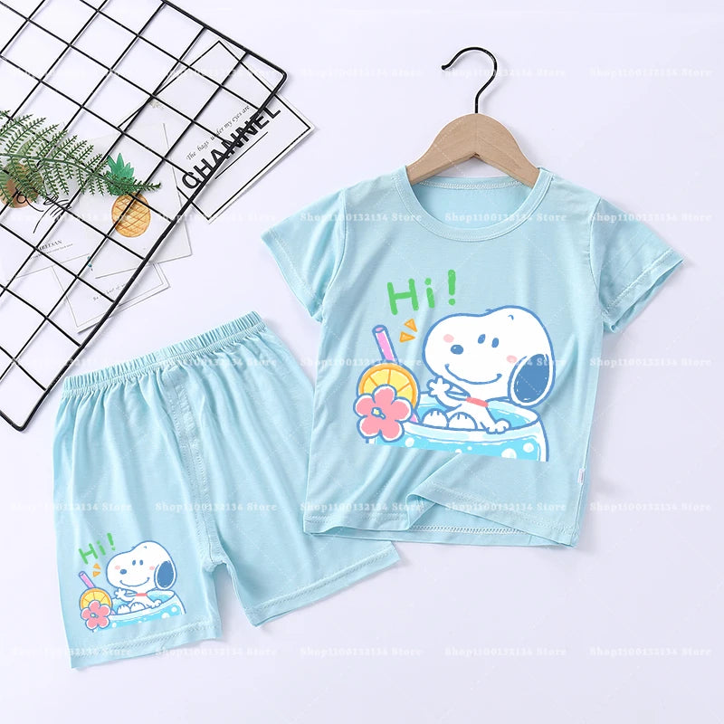 Snoopys Boy Girl Sleepwear Kawaii Cartoon Pyjamas Set Children Cute Home Wear Short Sleeves Shorts Baby Pajamas Summer Clothes