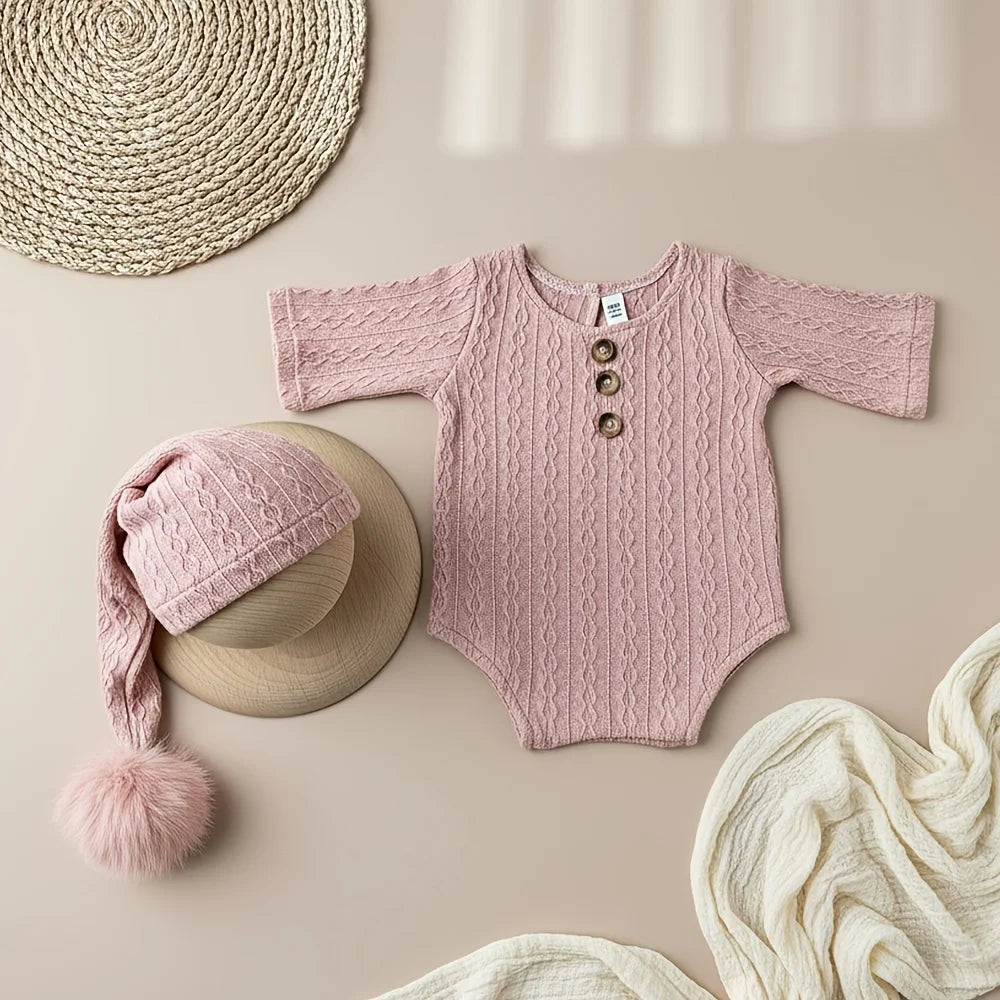 Newborn Photography Props Romper Long Tail Hat Set Soft Knitted Baby Jumpsuit Outfit Infant Photo Shoot Skin-friendly Costume