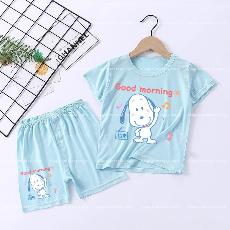 Snoopys Boy Girl Sleepwear Kawaii Cartoon Pyjamas Set Children Cute Home Wear Short Sleeves Shorts Baby Pajamas Summer Clothes