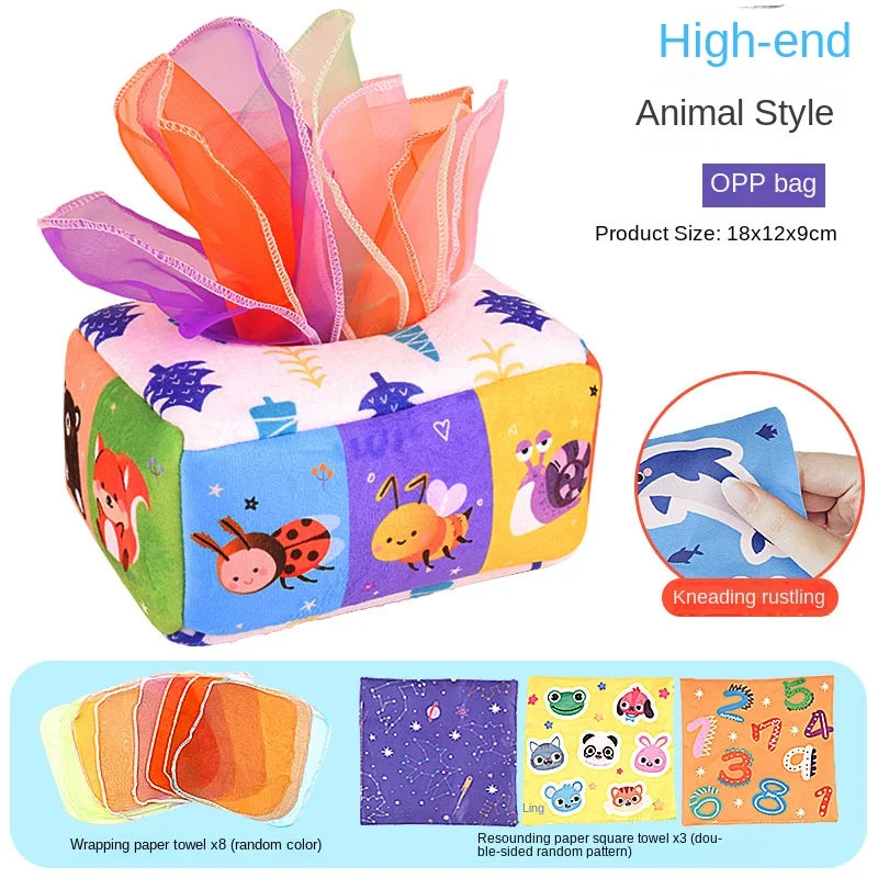 Jouet Montessori pour bébé, boîte à mouchoirs magique, jeu d'éveil sensoriel et éducatif pour enfants, jeu d'activités pour la motricité fine et le développement des doigts.