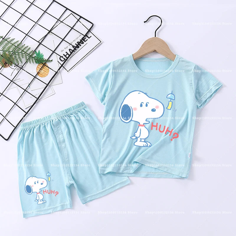 Snoopys Boy Girl Sleepwear Kawaii Cartoon Pyjamas Set Children Cute Home Wear Short Sleeves Shorts Baby Pajamas Summer Clothes