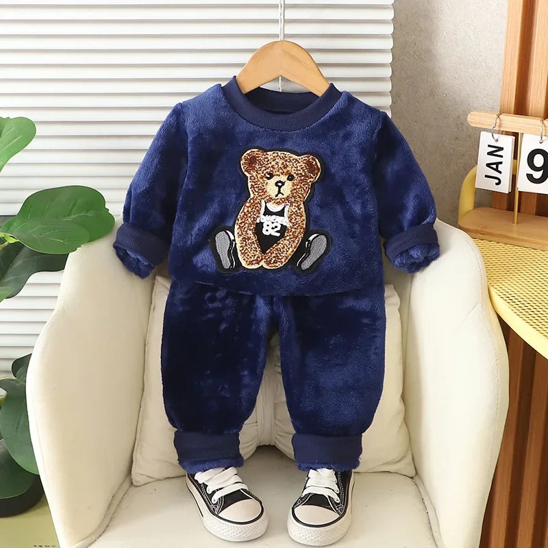 New Winter Baby Boys Clothes Children Cartoon Thick Warm Sleepwear T-Shirt Pants 2Pcs/Sets Toddler Girls Clothing Kids Pajamas