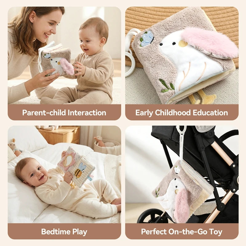 Couverture apaisante pour bébé et maman (0-12 ans) - Jouet d'éveil en peluche lapin - Livre sensoriel.