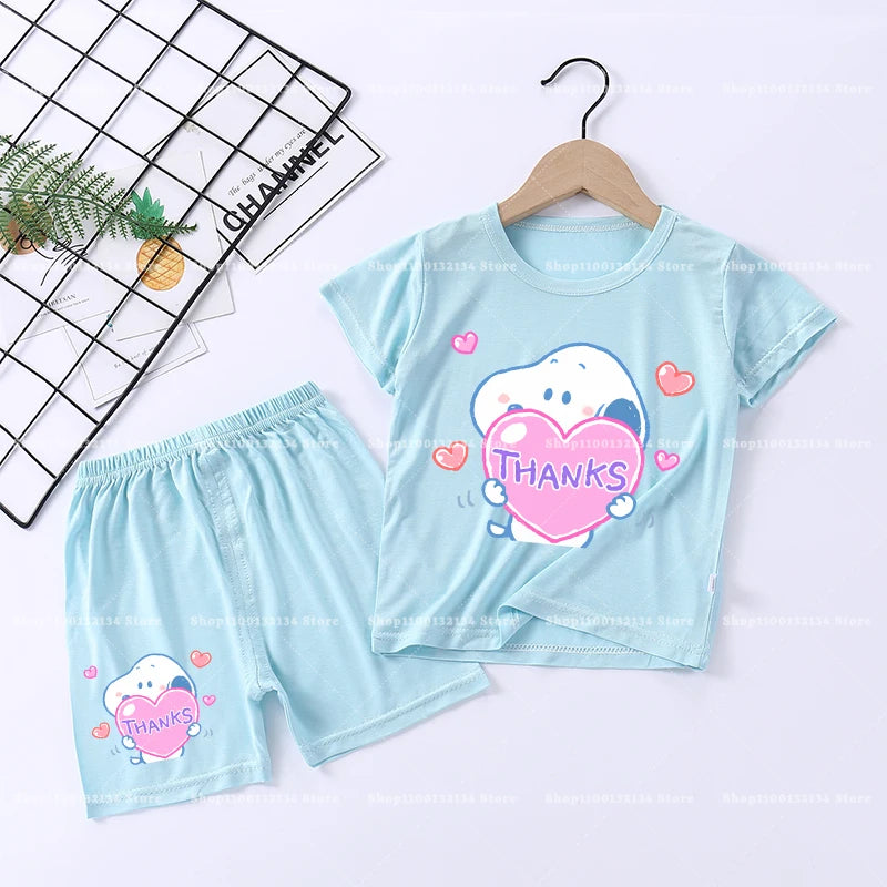 Snoopys Boy Girl Sleepwear Kawaii Cartoon Pyjamas Set Children Cute Home Wear Short Sleeves Shorts Baby Pajamas Summer Clothes