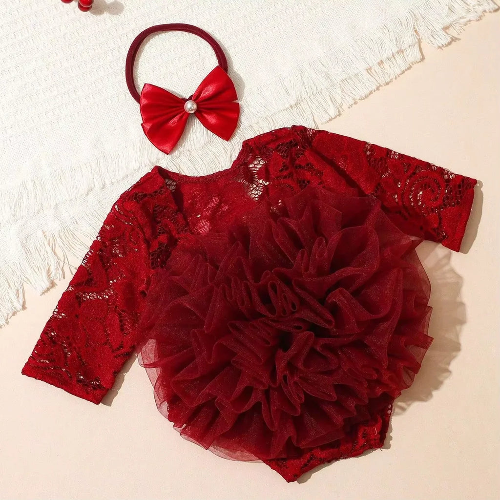 Ylsteed Newborn Lace Flower Headband And Bodysuit Set For 100th Day Baby Photoshoot Outfit Infant Photo Prop Baby Shower Gift-HD