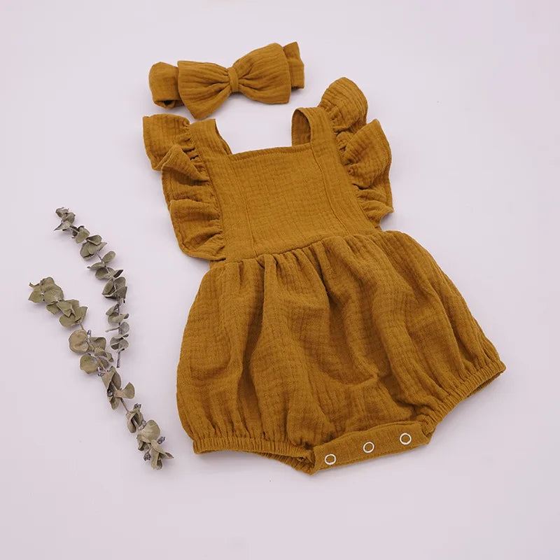 Personalized Summer Newborn Infant Baby Girls Romper + Headband Muslin Sleeveless Rompers Kids Onepiece Fashion Baby Clothing
