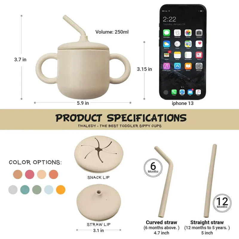 Gobelets d'apprentissage en silicone alimentaire pour bébés, avec prénom et paille.