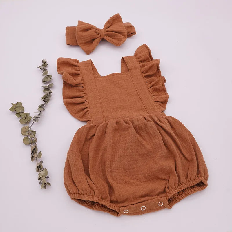 Personalized Summer Newborn Infant Baby Girls Romper + Headband Muslin Sleeveless Rompers Kids Onepiece Fashion Baby Clothing