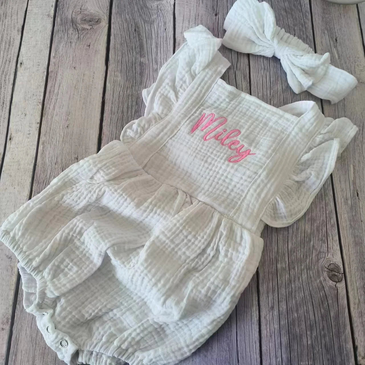 Personalized Summer Newborn Infant Baby Girls Romper + Headband Muslin Sleeveless Rompers Kids Onepiece Fashion Baby Clothing