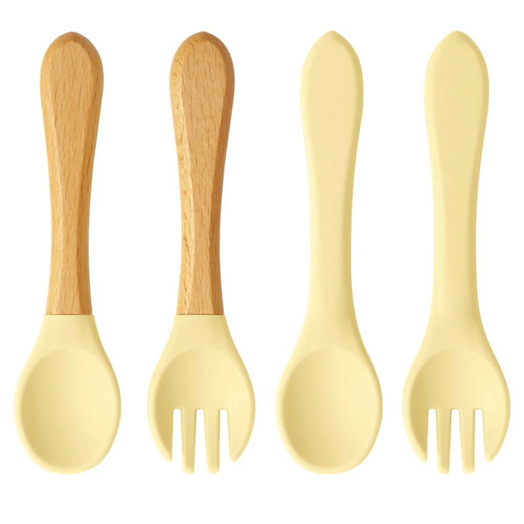 Ensemble de 4 cuillères et fourchettes en silicone Color Kids, sans BPA, avec manches en bois, pour l'apprentissage de l'alimentation des bébés et des nouveau-nés. Accessoires pour nourrissons et nouveau-nés.