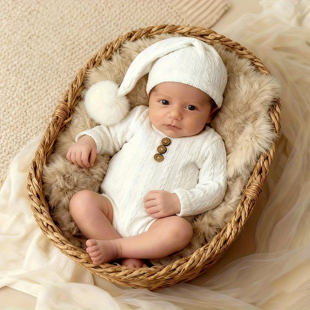 Newborn Photography Props Romper Long Tail Hat Set Soft Knitted Baby Jumpsuit Outfit Infant Photo Shoot Skin-friendly Costume