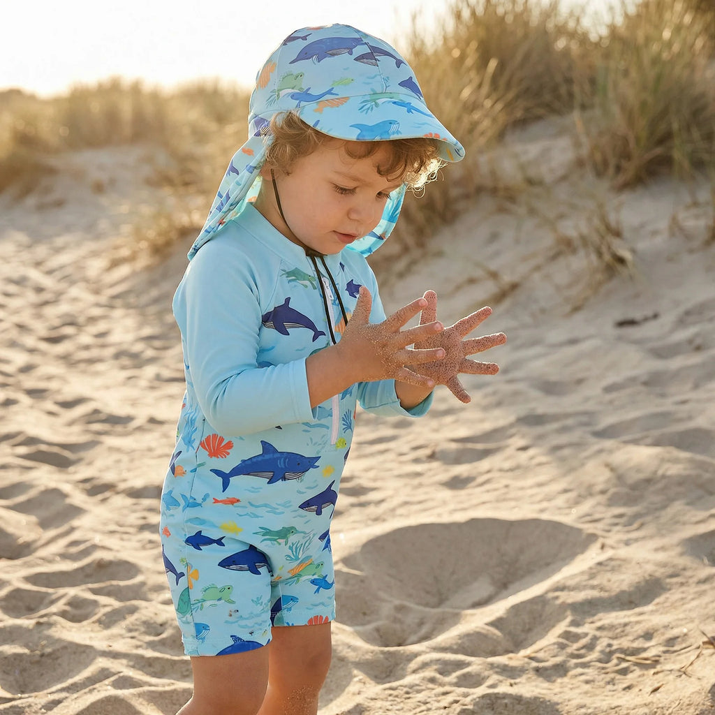 Toddler Baby Boys Rash Guard Swimsuit Romper Marine Print Long Sleeve Mock Neck Zipper Swimwear with Hat 2Pcs Set