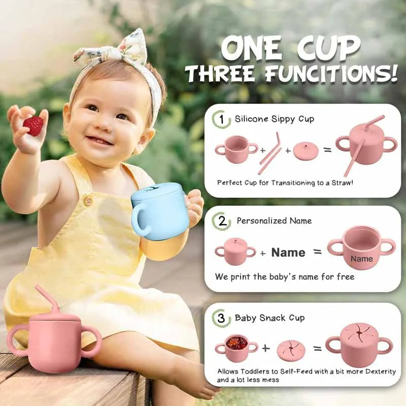 Gobelets d'apprentissage en silicone alimentaire pour bébés, avec prénom et paille.