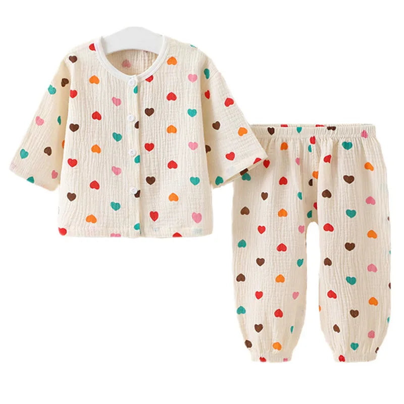 Boys Girls Pajamas Baby Suits Clothes Muslin Cotton Short Sleeve Homewear Children Family Outfits Shirt Tops+Pants 2PC 1-10T