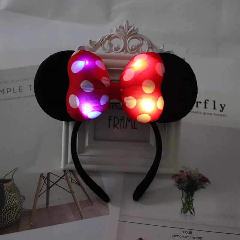 Serre-tête lumineux Minnie Mouse à oreilles de souris, nœud à pois, accessoires pour cheveux pour enfants, lumières clignotantes et jouets colorés.