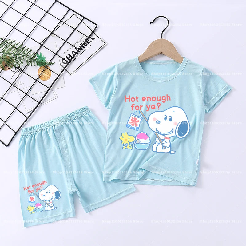 Snoopys Boy Girl Sleepwear Kawaii Cartoon Pyjamas Set Children Cute Home Wear Short Sleeves Shorts Baby Pajamas Summer Clothes