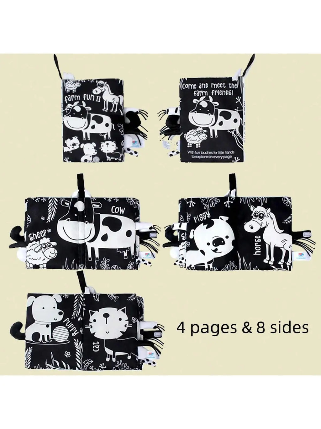 Livre en tissu résistant aux déchirures, avec des animaux noirs et blancs, pour l'éveil des tout-petits et l'apprentissage précoce des sons. Jouet interactif parent-enfant.