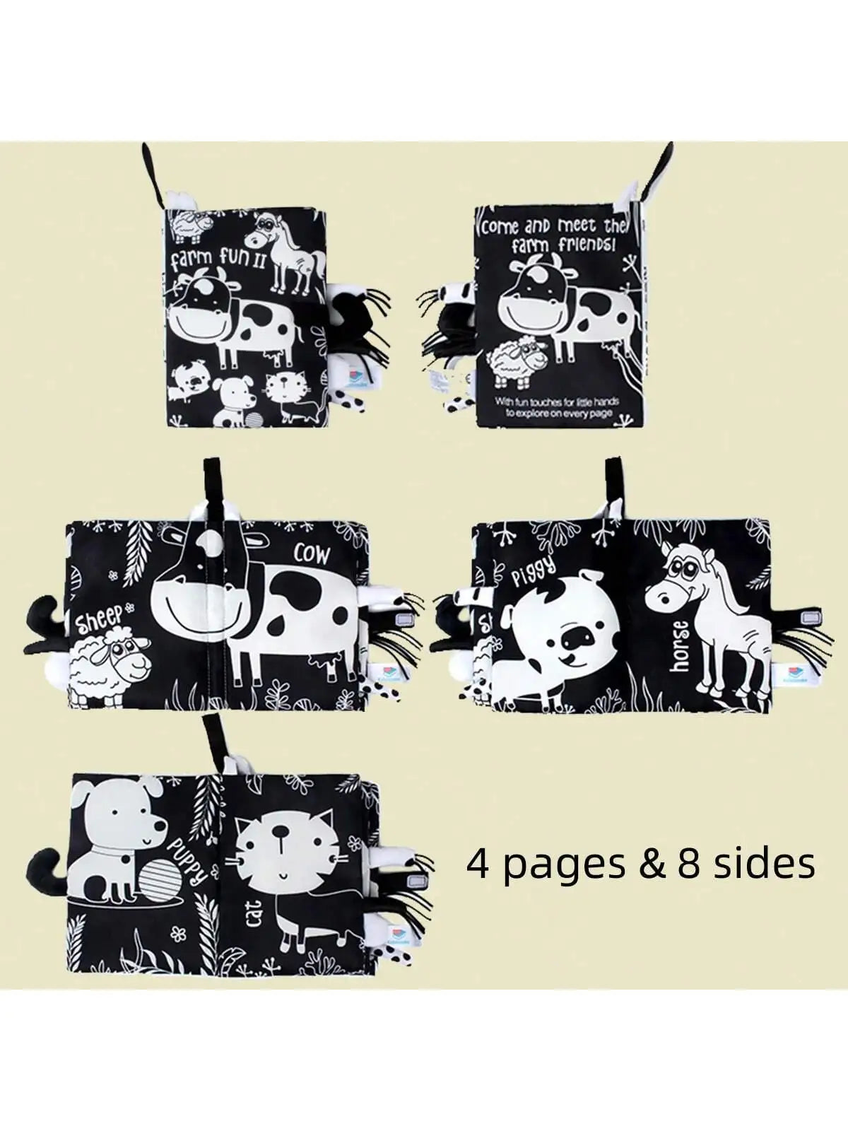 Livre en tissu résistant aux déchirures, avec des animaux noirs et blancs, pour l'éveil des tout-petits et l'apprentissage précoce des sons. Jouet interactif parent-enfant.