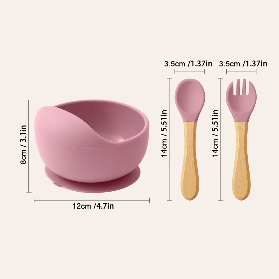 Ensemble d'alimentation pour bébé Mamaplan 3 pièces en silicone : bol à ventouse, cuillère et fourchette d'apprentissage, assiette et accessoires pour bébé.