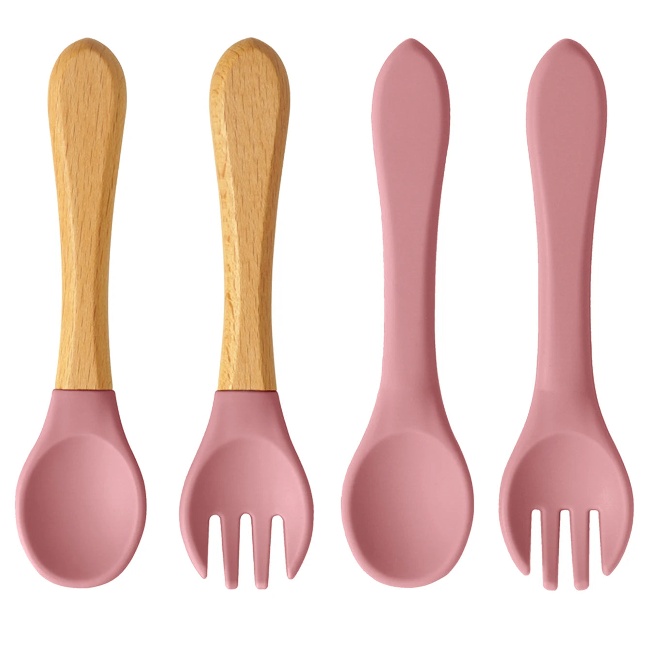 Ensemble de 4 cuillères et fourchettes en silicone Color Kids, sans BPA, avec manches en bois, pour l'apprentissage de l'alimentation des bébés et des nouveau-nés. Accessoires pour nourrissons et nouveau-nés.