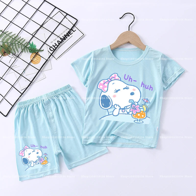 Snoopys Boy Girl Sleepwear Kawaii Cartoon Pyjamas Set Children Cute Home Wear Short Sleeves Shorts Baby Pajamas Summer Clothes
