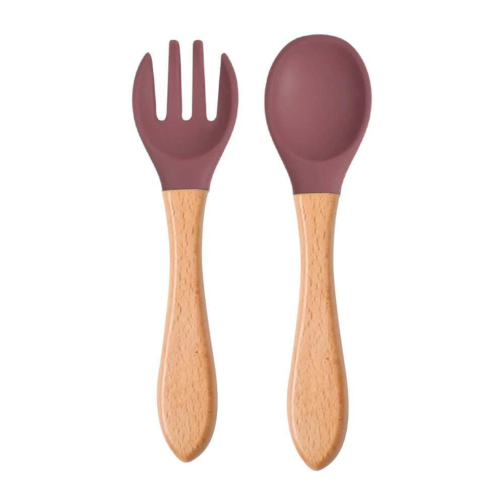 Ensemble de 2 cuillères et fourchettes en silicone pour bébé avec manche en bois - Accessoires d'alimentation pour nourrissons et tout-petits.