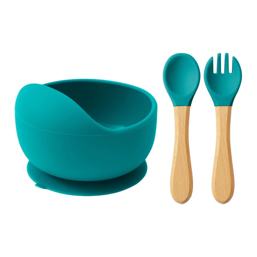 Ensemble d'alimentation pour bébé Mamaplan 3 pièces en silicone : bol à ventouse, cuillère et fourchette d'apprentissage, assiette et accessoires pour bébé.