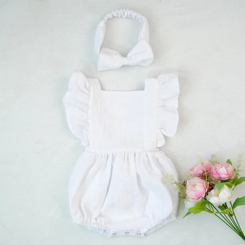 Personalized Summer Newborn Infant Baby Girls Romper + Headband Muslin Sleeveless Rompers Kids Onepiece Fashion Baby Clothing