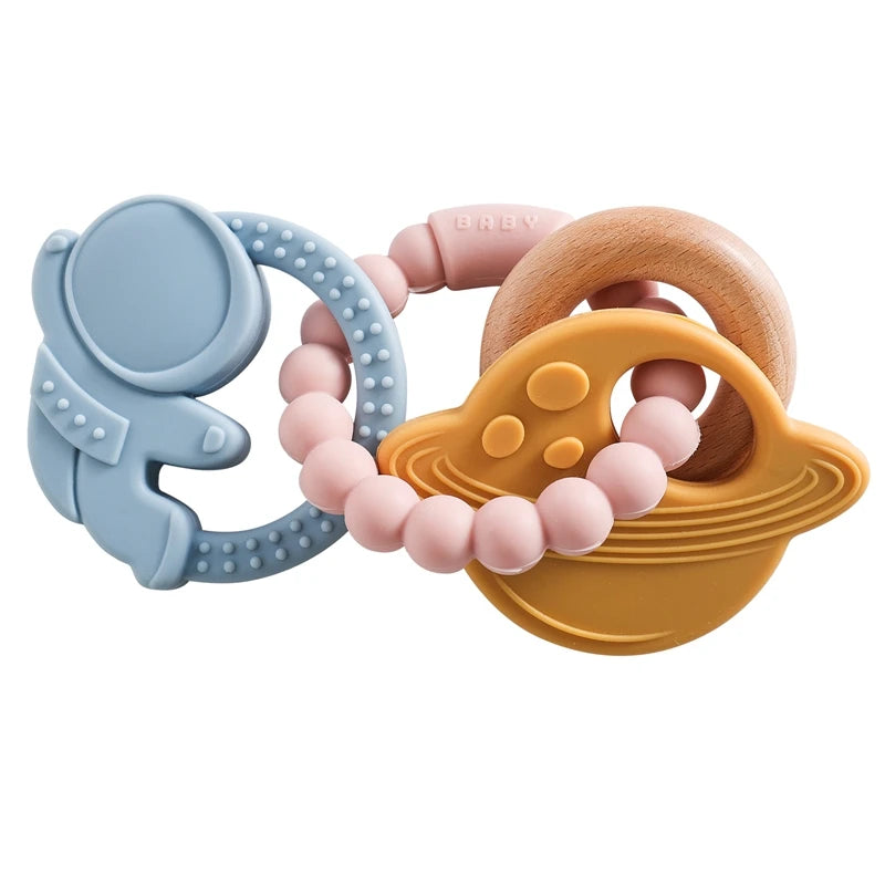 Anneau de dentition en silicone alimentaire (1 pièce), jouet pour bébé de 0 à 12 mois, anneau de dentition sensoriel pour tout-petits, bracelet de dentition planète en silicone. Accessoires inclus.