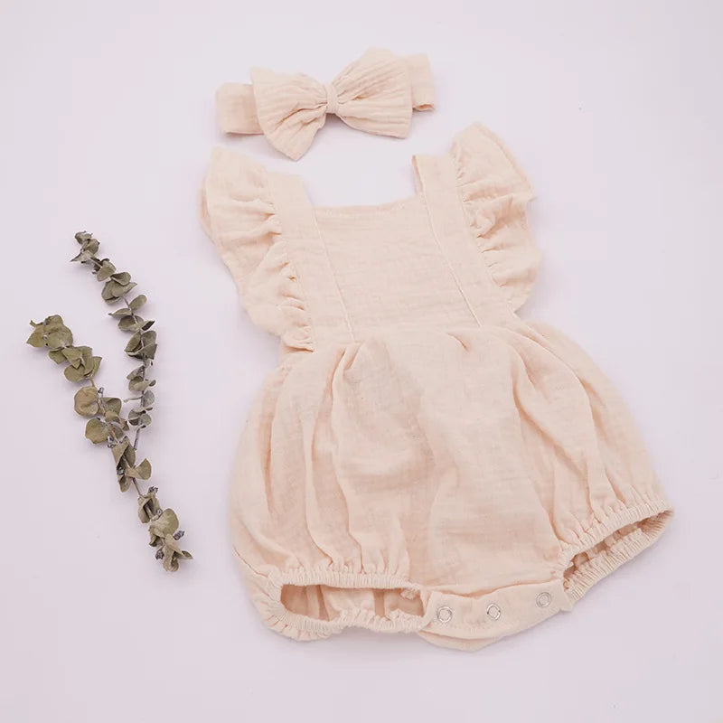 Personalized Summer Newborn Infant Baby Girls Romper + Headband Muslin Sleeveless Rompers Kids Onepiece Fashion Baby Clothing