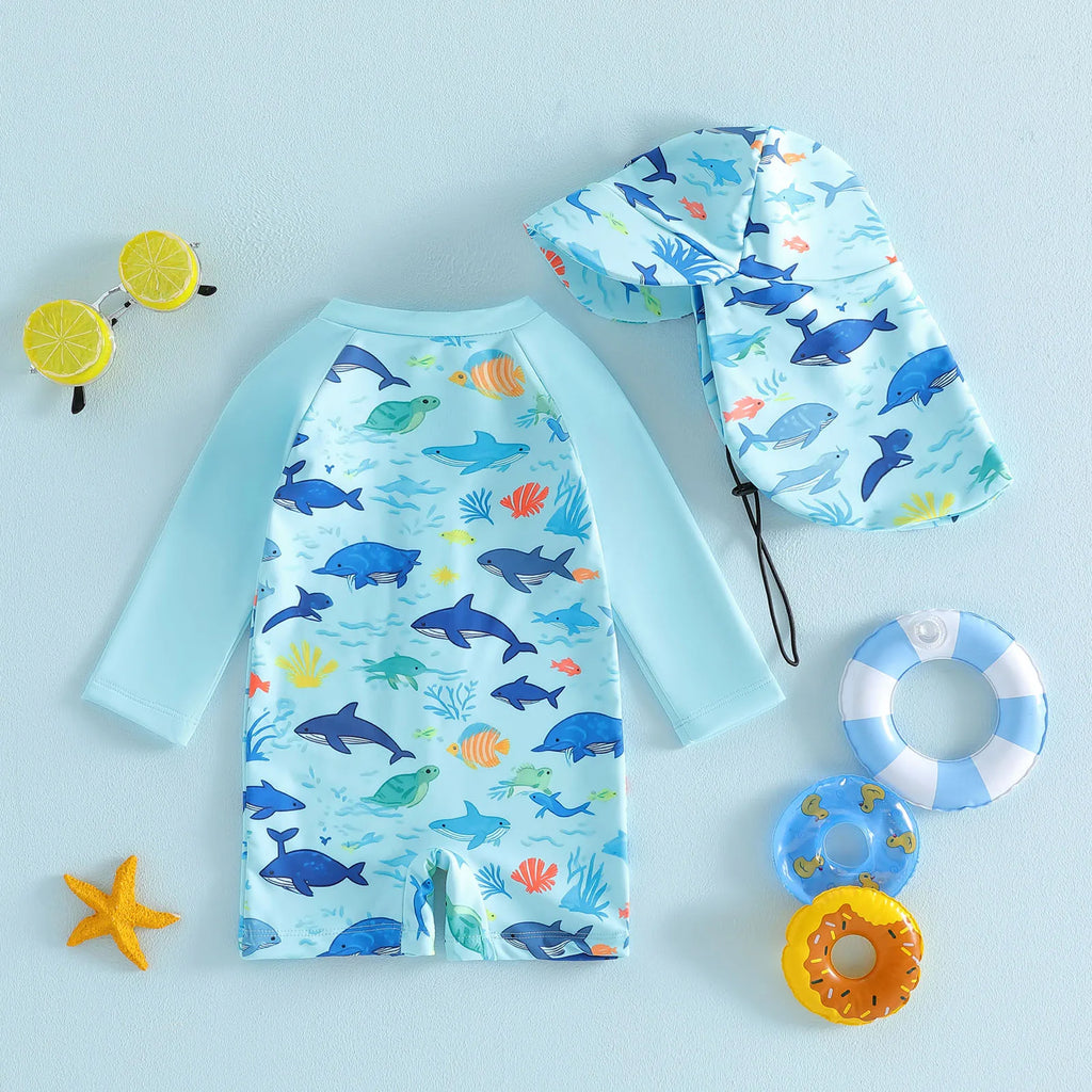 Toddler Baby Boys Rash Guard Swimsuit Romper Marine Print Long Sleeve Mock Neck Zipper Swimwear with Hat 2Pcs Set