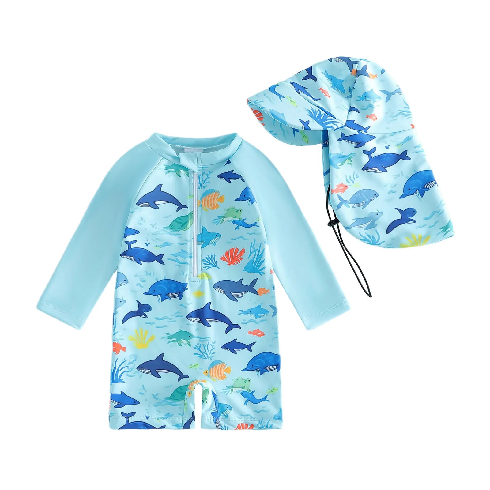 Toddler Baby Boys Rash Guard Swimsuit Romper Marine Print Long Sleeve Mock Neck Zipper Swimwear with Hat 2Pcs Set
