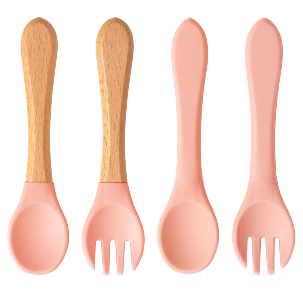 Ensemble de 4 cuillères et fourchettes en silicone Color Kids, sans BPA, avec manches en bois, pour l'apprentissage de l'alimentation des bébés et des nouveau-nés. Accessoires pour nourrissons et nouveau-nés.