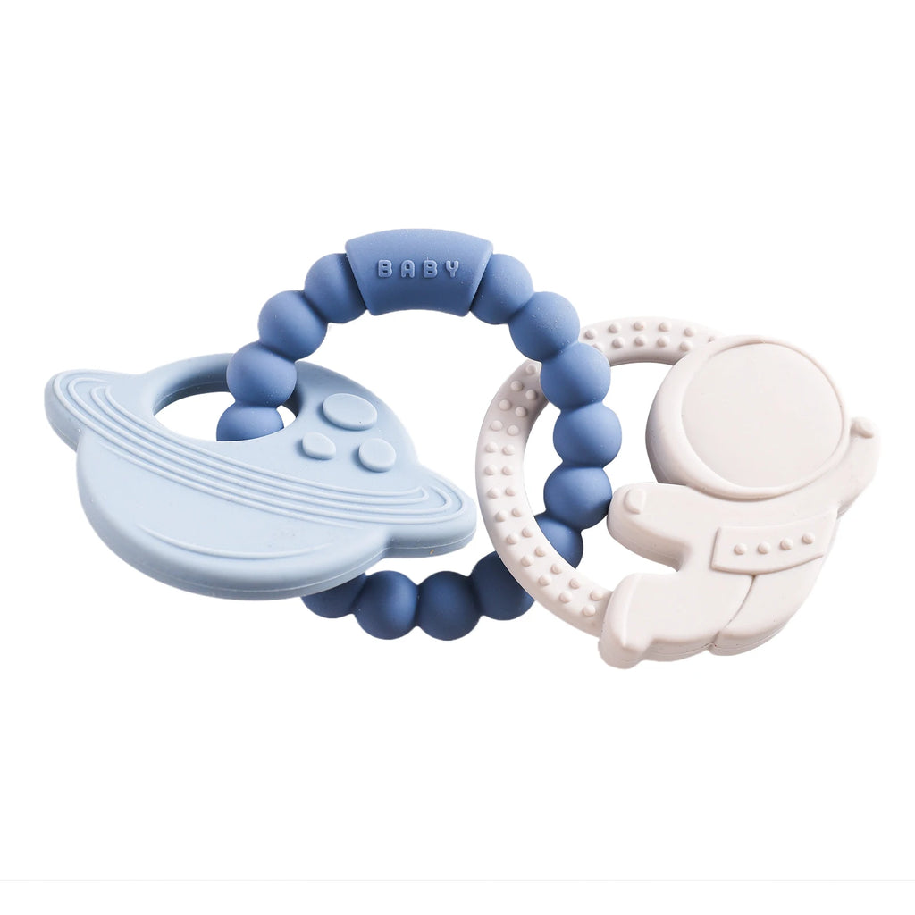 Anneau de dentition en silicone alimentaire (1 pièce), jouet pour bébé de 0 à 12 mois, anneau de dentition sensoriel pour tout-petits, bracelet de dentition planète en silicone. Accessoires inclus.