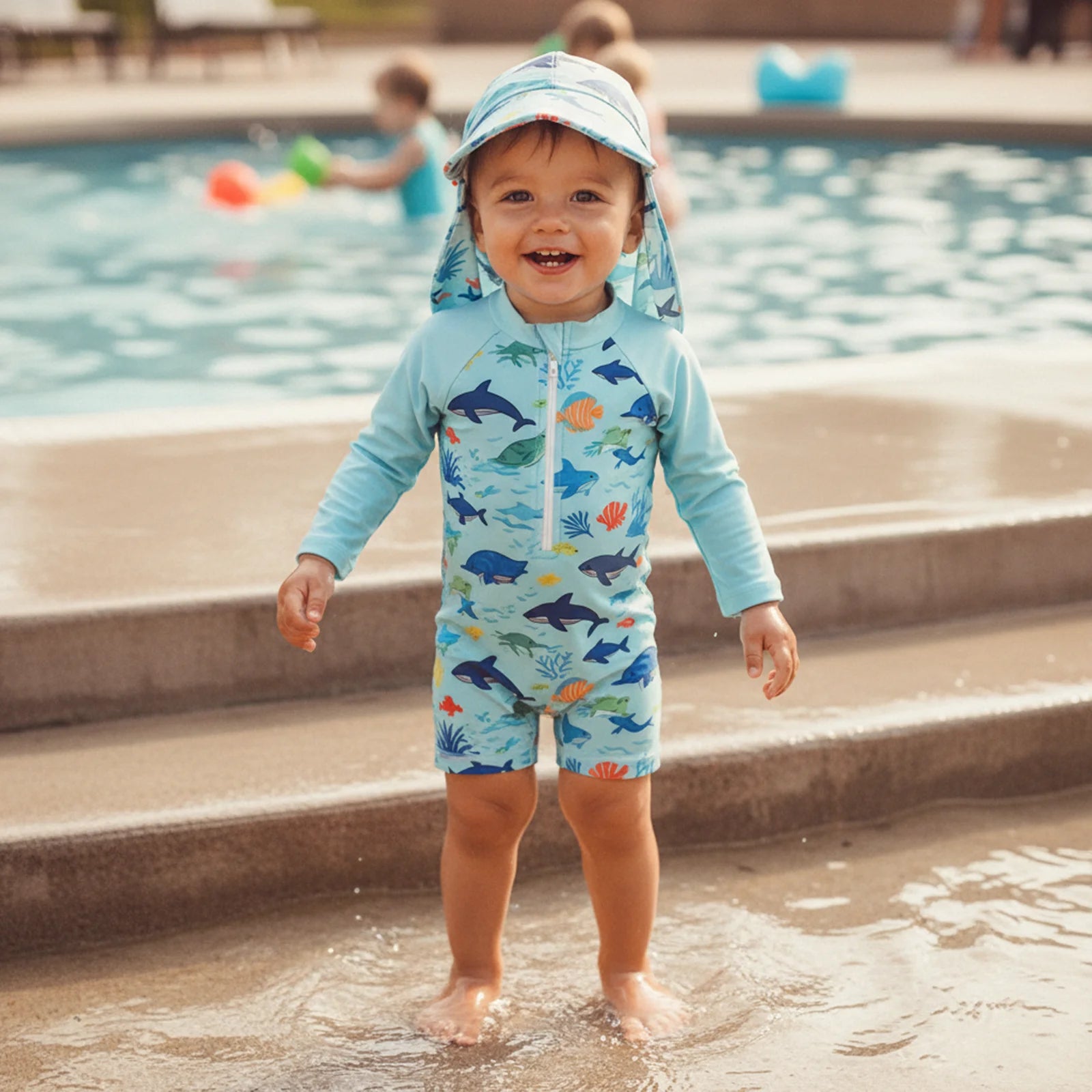 Toddler Baby Boys Rash Guard Swimsuit Romper Marine Print Long Sleeve Mock Neck Zipper Swimwear with Hat 2Pcs Set
