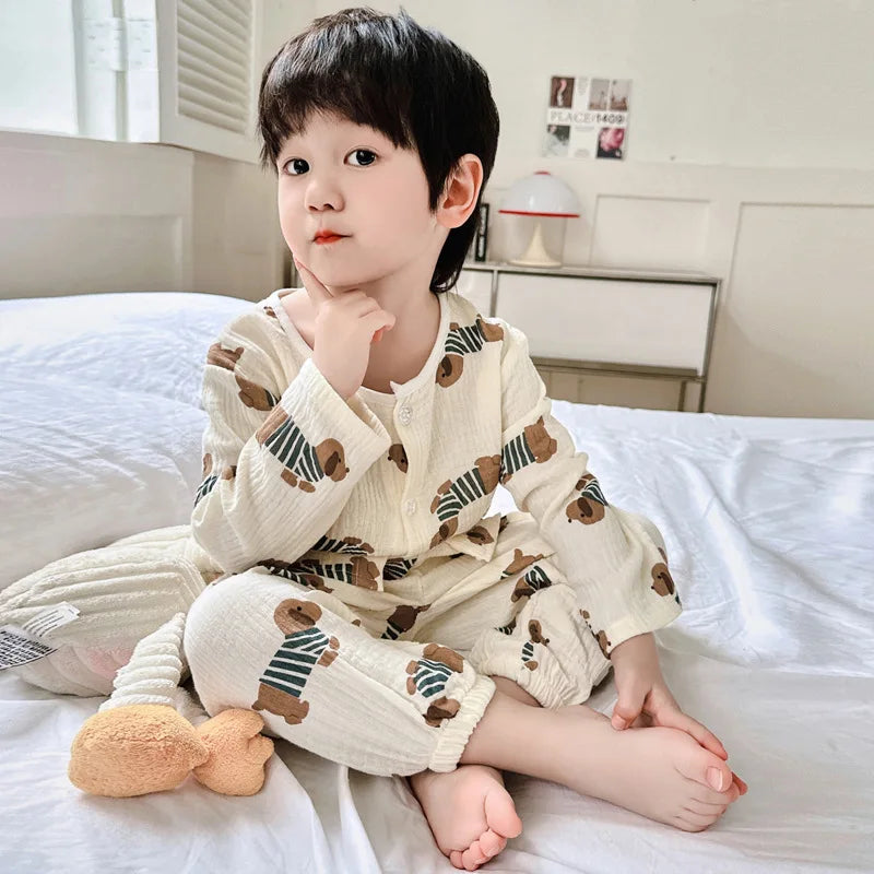 Boys Girls Pajamas Baby Suits Clothes Muslin Cotton Short Sleeve Homewear Children Family Outfits Shirt Tops+Pants 2PC 1-10T