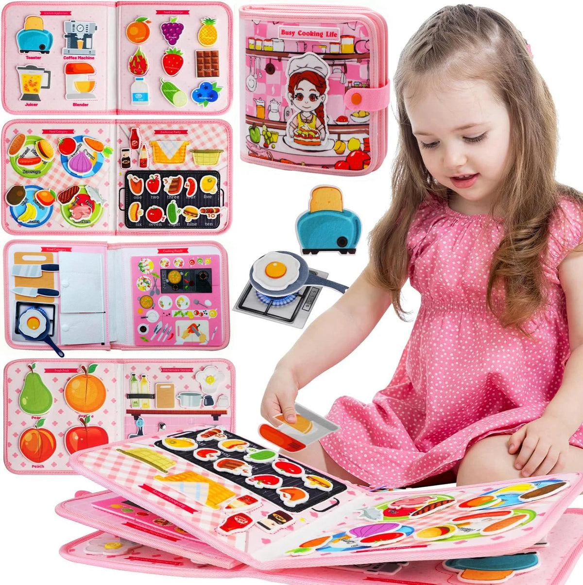 Tableau d'activités Montessori pour tout-petits, livre d'activités, jouets éducatifs et sensoriels pour filles, développement de la motricité, activités préscolaires et de voyage.