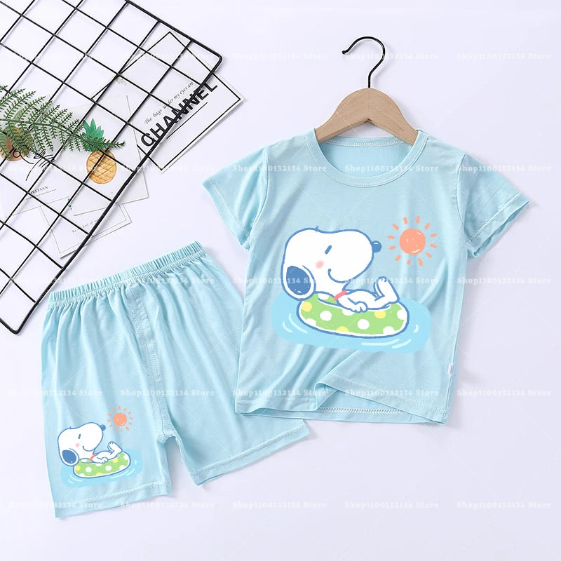 Snoopys Boy Girl Sleepwear Kawaii Cartoon Pyjamas Set Children Cute Home Wear Short Sleeves Shorts Baby Pajamas Summer Clothes