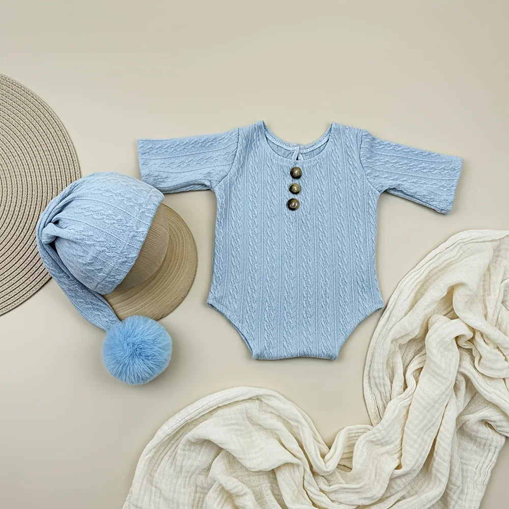 Newborn Photography Props Romper Long Tail Hat Set Soft Knitted Baby Jumpsuit Outfit Infant Photo Shoot Skin-friendly Costume