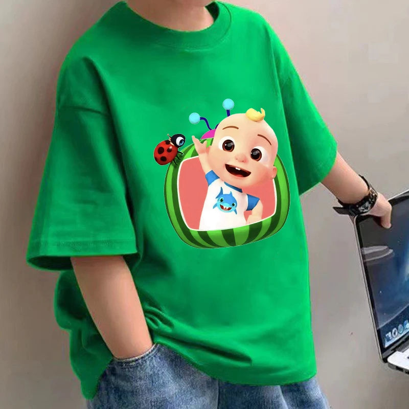 T-shirts Cocomelon pour bébés, manches courtes, en coton, imprimés de dessins animés, pour garçons et filles. Vêtements d'été. Nouveauté.