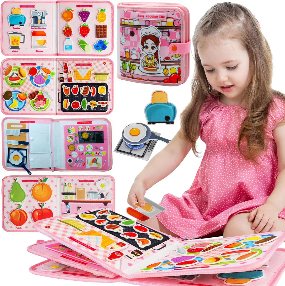 Tableau d'activités Montessori pour tout-petits, livre d'activités, jouets éducatifs et sensoriels pour filles, développement de la motricité, activités préscolaires et de voyage.