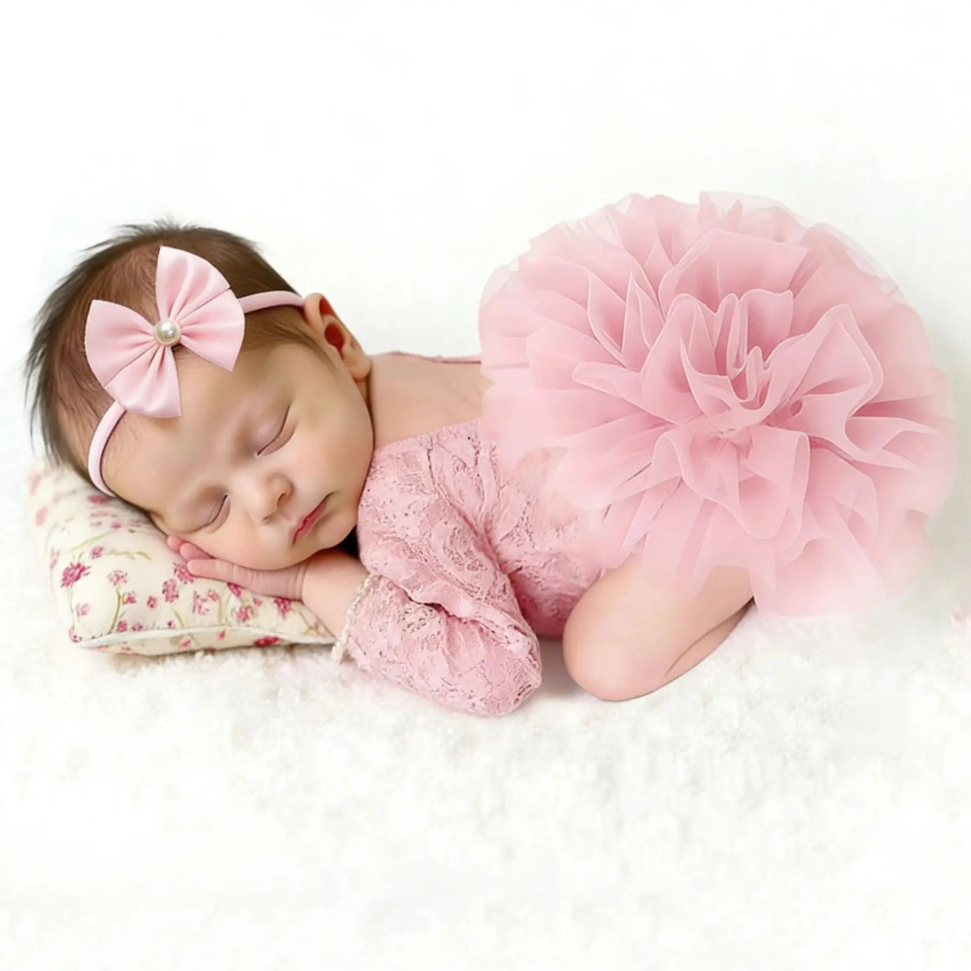 Ylsteed Newborn Lace Flower Headband And Bodysuit Set For 100th Day Baby Photoshoot Outfit Infant Photo Prop Baby Shower Gift-HD