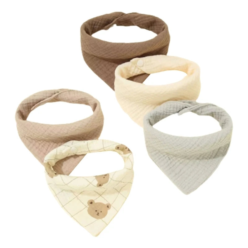 Lot de 5 bavoirs en coton pour nouveau-né, couleur unie, avec bouton, en tissu doux.